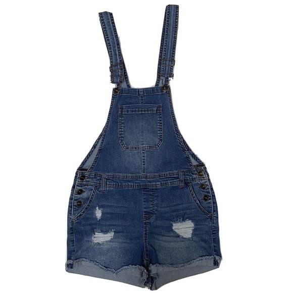 Vanilla Star Juniors Size 9 Overalls Shorts Denim  Blue Distressed Stretch - Picture 1 of 12